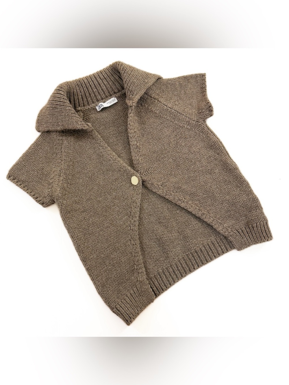 Zara Cardigan Sweater Womens Medium Beige Wool Blend One Button